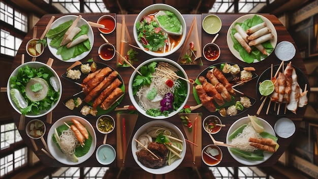 Hoofdbeeld van vers en heerlijk Vietnamese eten op een tafel