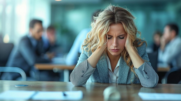 Hoofden naar beneden aan de conferentietafel gestresst uit businesspeoplexA