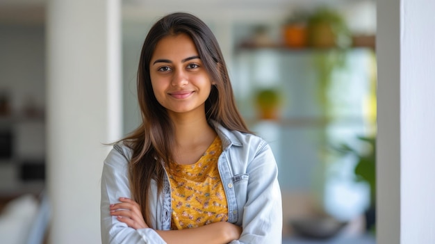 Hoofdfoto portret slimme zelfverzekerde glimlachende millennial Indiase vrouw die met gevouwen armen thuis staat