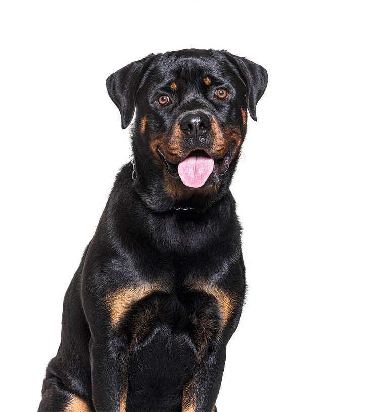 Foto hoofdfoto van een rottweiler die hijgt, geïsoleerd op wit