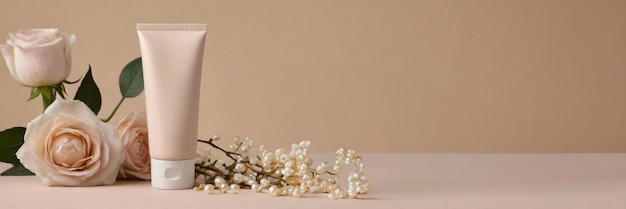 Foto hoofdstuk met een lege buis van huidverzorgingscrème lotiongel op beige achtergrond met bloemen en parels