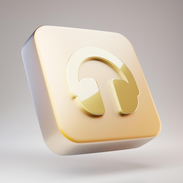 Hoofdtelefoon pictogram. Gouden hoofdtelefoonsymbool op mat gouden plaat. 3D-gerenderde sociale mediapictogram.