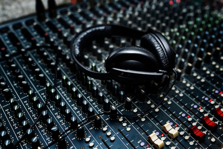 Foto hoofdtelefoons op een geluid mixer station