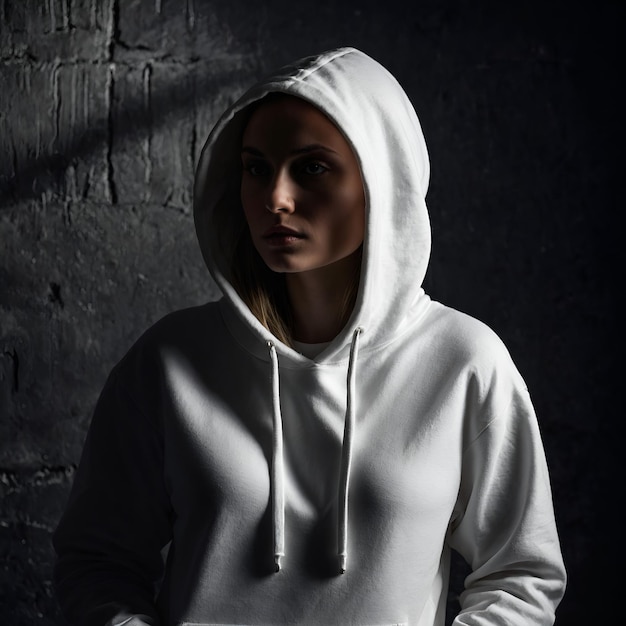 Hoog contrast mockup van een vrouw in een witte hoodie