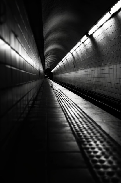 Hoog contrast monochrome opname van een tunnel met convergerende lijnen en licht aan het einde