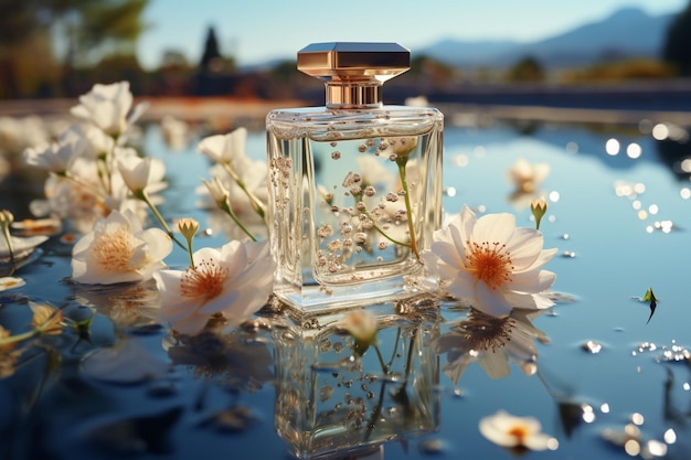 Hoog detail Parfum op spiegelblaadjes die vallen onder bleekblauwe lucht