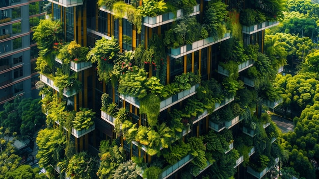 Hoog gebouw bedekt met groene planten