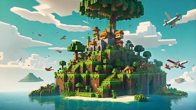 Hoog gedetailleerd Minecraft-eiland dat in de lucht hangt met wolken vanuit het voxel-spel