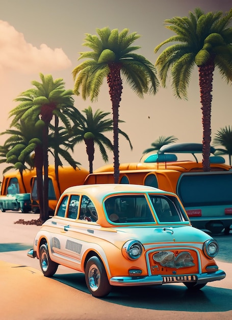Foto hoog gedetailleerde kleine auto op een strandstraat met palmbomen en sinaasappelbomen generatieve ai