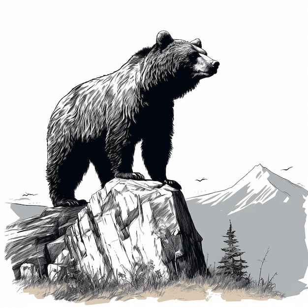Foto hoog gedetailleerde met de hand getekende beer die op een richel staat