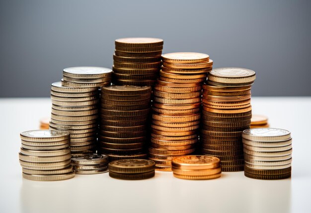 Hoog gestapelde euromunten vormen een toren van valuta die rijkdom en financieel succes vertegenwoordigt