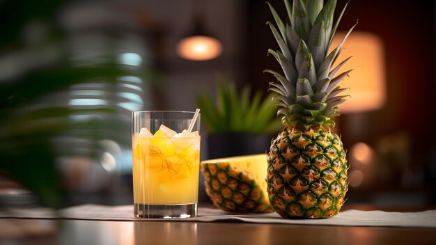 hoog glas gevuld met verse drank naast groot ananasfruit