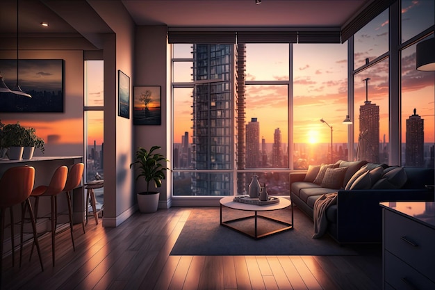 Hoogbouw appartement met uitzicht op de bruisende skyline van de stad bij zonsondergang