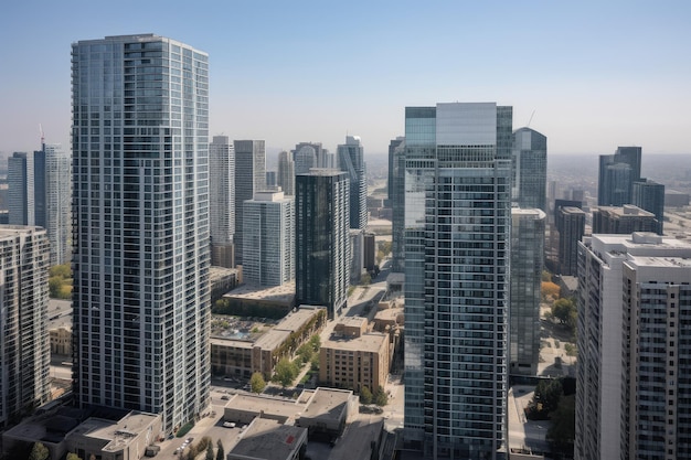 Hoogbouw met uitzicht op het bruisende stadscentrum omringd door wolkenkrabbers