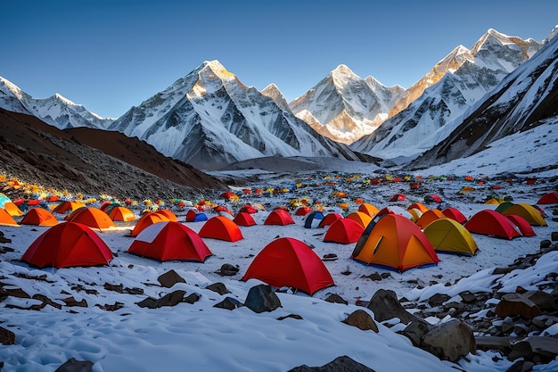 Hooggebergte kamperen met tenten in de Himalaya tussenkamp voor het beklimmen Generatieve AI