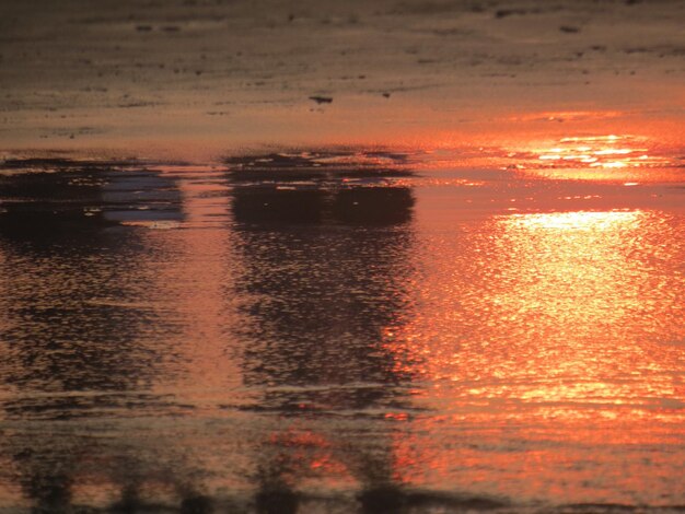 Foto hooghoek uitzicht op nat strand tijdens zonsondergang