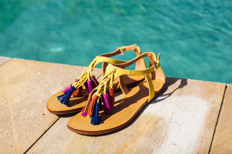 Foto hooghoek van schoenen op zwembad tegen de zee