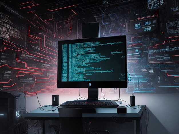 Hooghoekbeeld op verschillende computerapparatuur met programmeercode op schermen op tafel in de donkere kamer cybersecurityconcept