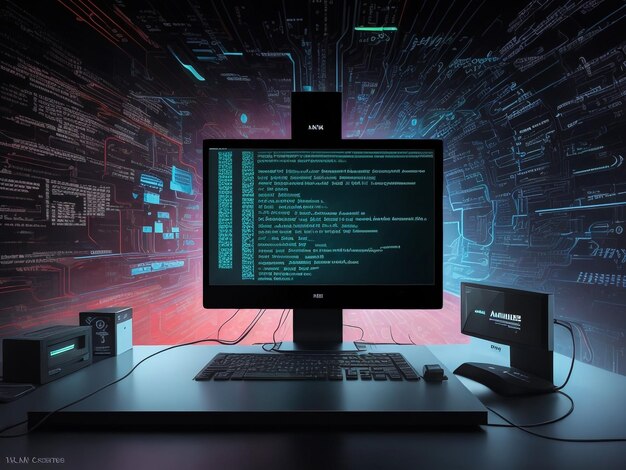 Hooghoekbeeld op verschillende computerapparatuur met programmeercode op schermen op tafel in de donkere kamer cybersecurityconcept