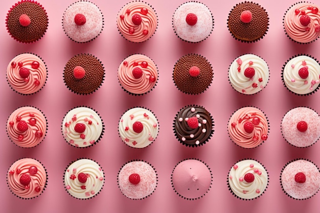 Hooghoekbeeld van chocolade donut met sprinkles aan de onderkant van de roze achtergrond