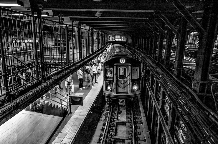 Foto hooghoekbeeld van de trein op het spoor in het station
