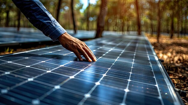 Hooghoekbeeld van een groot veld van zonnepanelen die in het zonlicht schijnen voor de productie van hernieuwbare energie