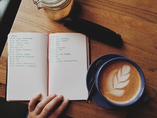 Hooghoekbeeld van een koffiekop op tafel