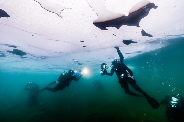 Hooghoekbeeld van een man die in de zee zwemt