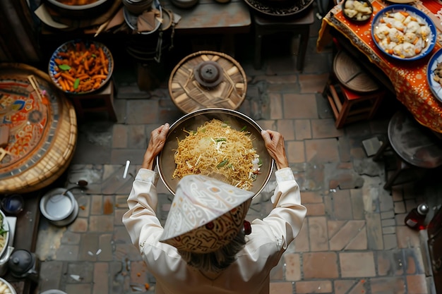 Foto hooghoekbeeld van een man die voedsel op tafel houdt