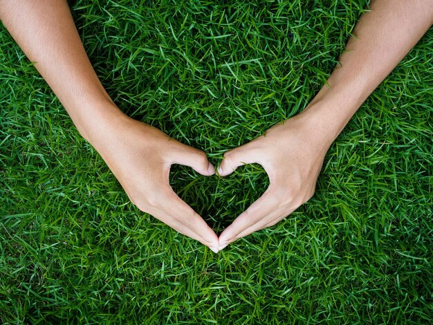 Hooghoekbeeld van een persoon die een hartvorm maakt op het gras