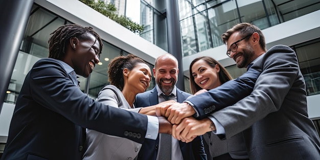 Hooghoekbeeld van een team van verenigde zakenmensen die met hun handen bij elkaar staan in een groep in de lobby van een modern kantoorgebouw