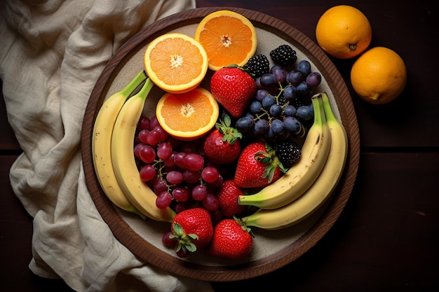 Hooghoekbeeld van fruit op een bord op tafel