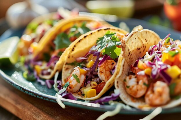 Hooghoekbeeld van garnalen taco's in bord op tafel