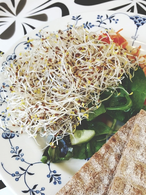 Foto hooghoekbeeld van gegroeide salade die op een bord wordt geserveerd