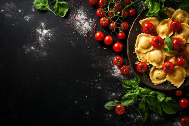 Hooghoekbeeld van heerlijk vers Italiaans eten op tafeldoek over een witte tafel