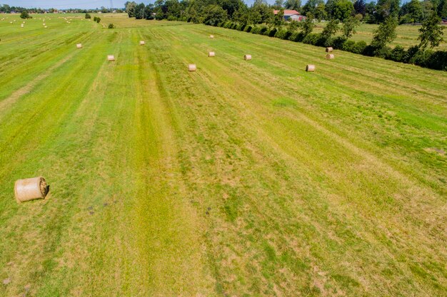 Foto hooghoekbeeld van hooibalen op het veld