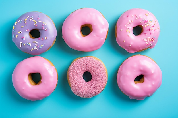 Hooghoekbeeld van kleurrijke donuts aan de onderkant van de blauwe achtergrond