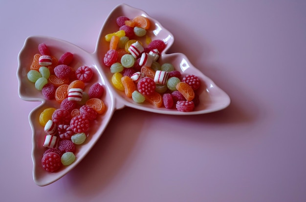 Foto hooghoekbeeld van kleurrijke snoepjes in een schaal op tafel