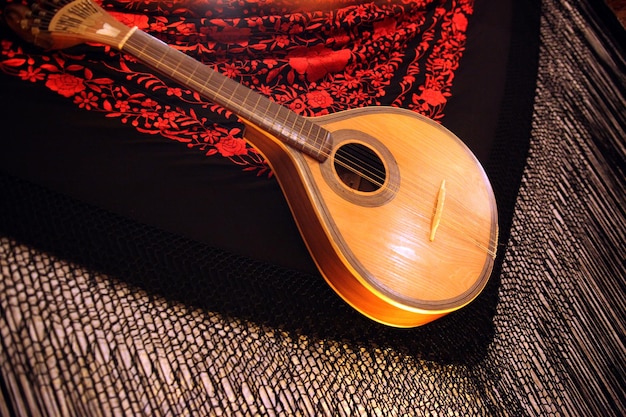 Foto hooghoekbeeld van mandoline op bed