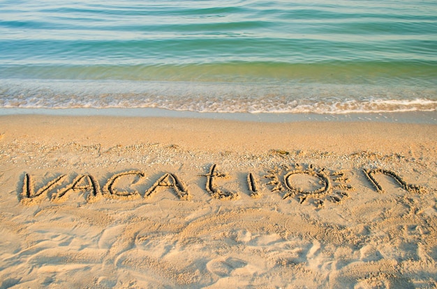 Hooghoekbeeld van tekst die op de kust op het strand is getekend