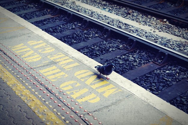 Foto hooghoekbeeld van tekst op het perron van het treinstation