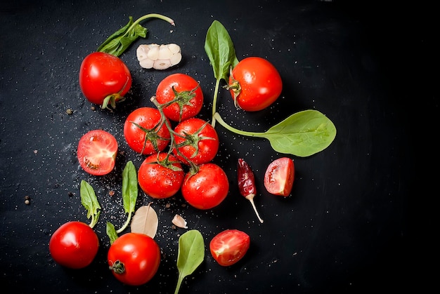 Hooghoekbeeld van tomaten op tafel