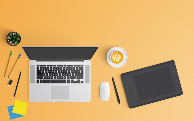 Hooghoekbeeld van verschillende technologieën met koffie en kantoorbenodigdheden op gele achtergrond