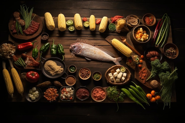 Hooghoekbeeld van voedsel in bord op tafel