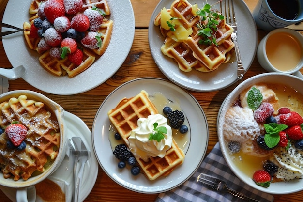 Hooghoekbeeld van voedsel op tafelwafels