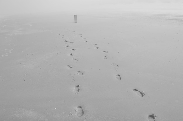 Foto hooghoekbeeld van voetafdrukken op een zandstrand