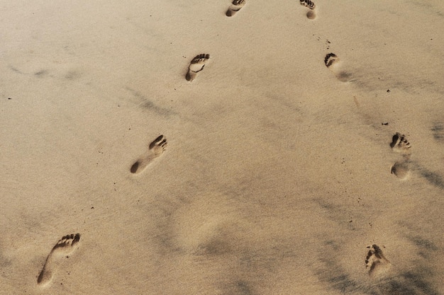 Hooghoekbeeld van voetafdrukken op zand