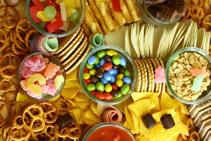 Foto hooghoekbeeld van weidetafel met veelkleurige snoepjes en zoute snacks op tafel