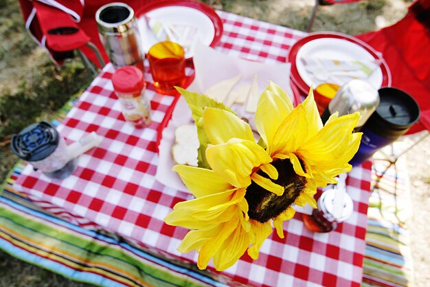 Foto hooghoekbeeld van zonnebloem op een picknickmat