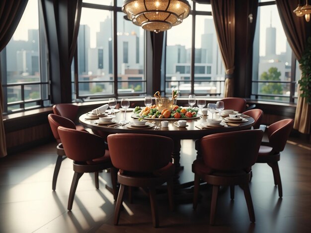 Foto hooghoekfoto van een chique restaurant ronde tafel met ramen